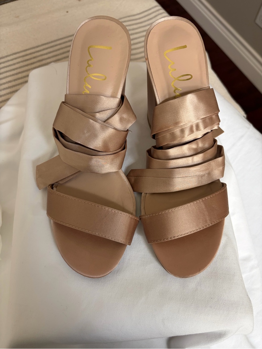 Lulus Satin Bronze Strappy Slide Heels